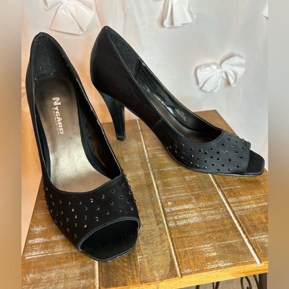 Nygard Collection Reanna Black Open Toe Shoe With Black Gem Stones - Picture 3 of 5